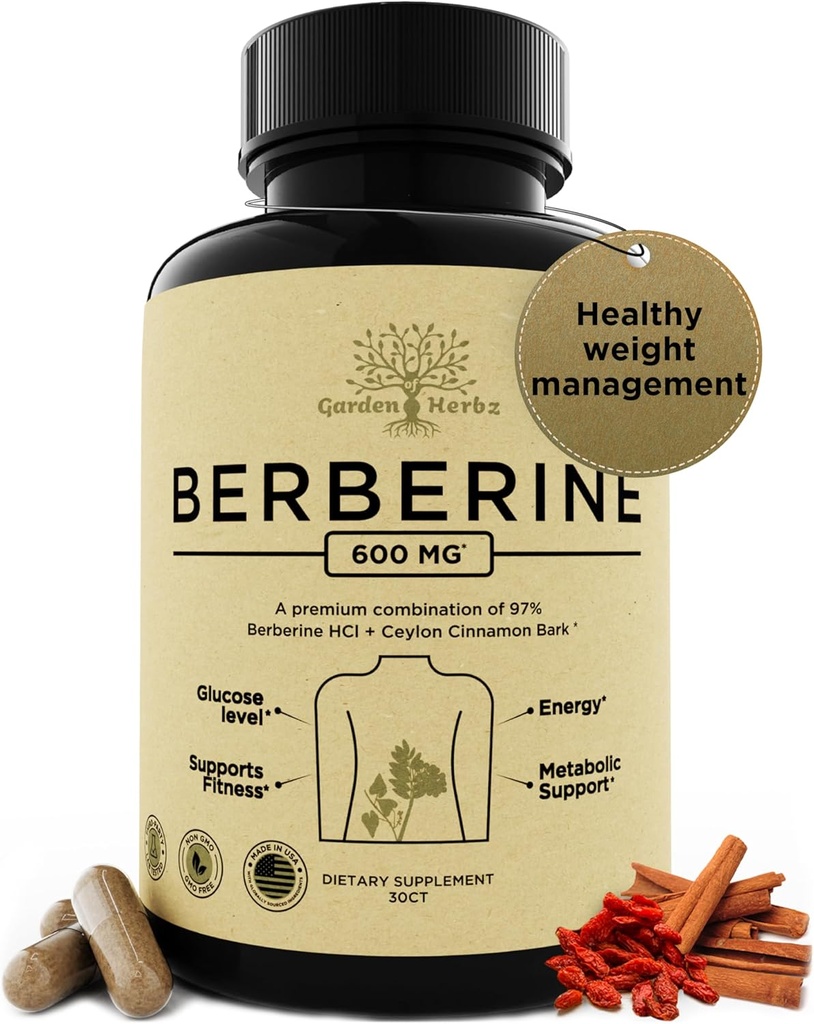 600 Mg Berberine Supplement – Berberine HCL & Ceylon Cinnamon Capsules for Women & Men – Supports Healthy Weight Management & Digestion