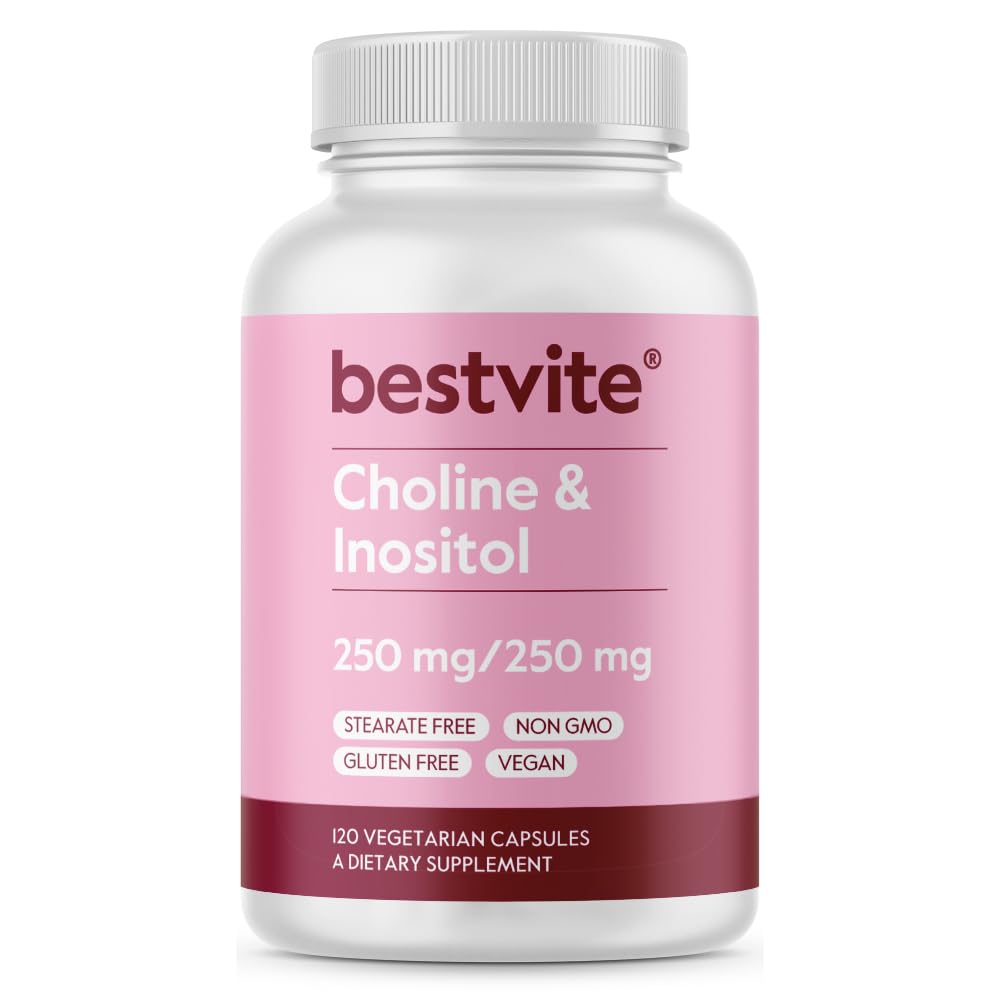 BESTVITE Choline Inositol 500mg (120 Vegetarian Capsules) - No Stearates - No Fillers - No Dicalcium Phosphate - Vegan - Non GMO - Gluten Free