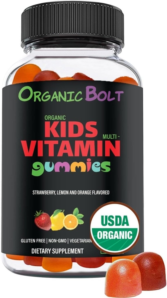 USDA Organic Kids multivitaminici 30-60 Day Supply, Daily Kids Multivitamin Gummies con vitamina C, D, A, E, B6, B12, Biotin, Zinc. 60 conteggio