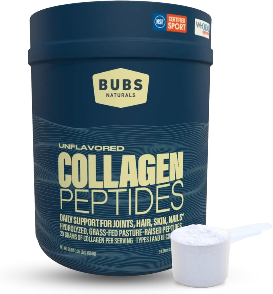 BUBS Naturals Collagen Peptydes Powder, Kolagen dla kobiet i mężczyzn, Zhydrolizowane Peptydy, Niearomatyzowane Pasture Raised Grass Fed, Paleo Keto Friendly, Wsparcie skóry włosów i wspólnego zdrowia (20 oz) 28 Służenie