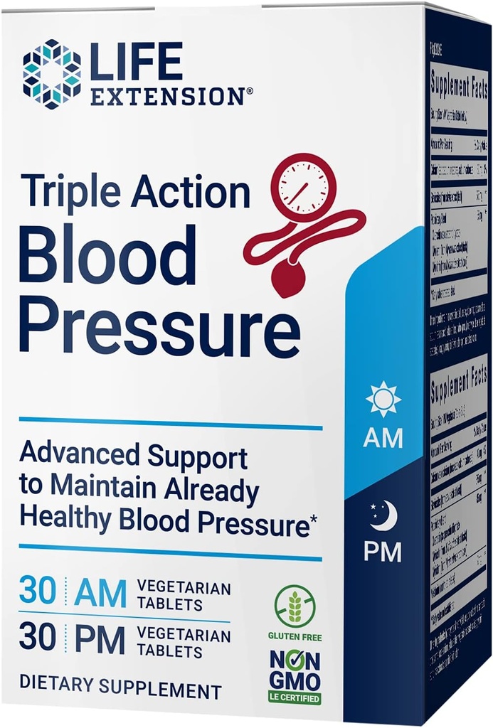 Life Extension Triple Action Blood Pressure, Heart Health Supplement, Quercetin, Stevia Extract, Melatonin, Morning and Night Support, Glutenfrei, Non-GMO, Vegetarisch, 60 Tabletten