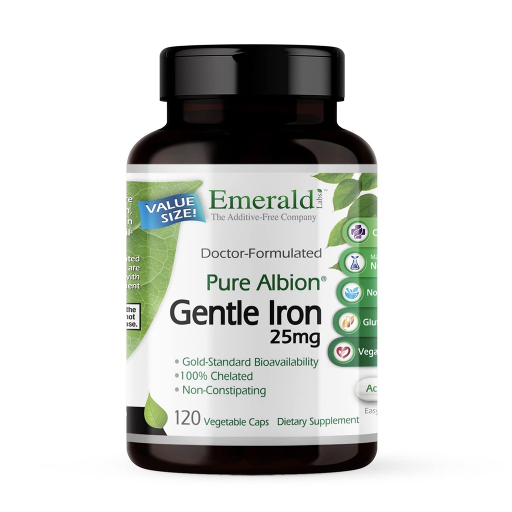 EMERALD LABS Gentle Iron 25mg, 120 Vegetable Capsules (120-Day Supply) | Ferrous Bisglycinate Chelate, Chelated Iron Supplement that Supports Energy, Eye, Immune & Heart Health*