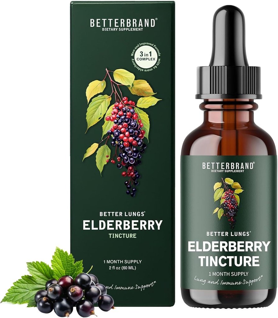 Betterbrand BetterLungs Elderberry Tinktuur Toidulisand - Kõik looduslikud suhkruvabad mitte-GMO taimetoitlased talve immuunsuse toetamiseks (30 päeva)
