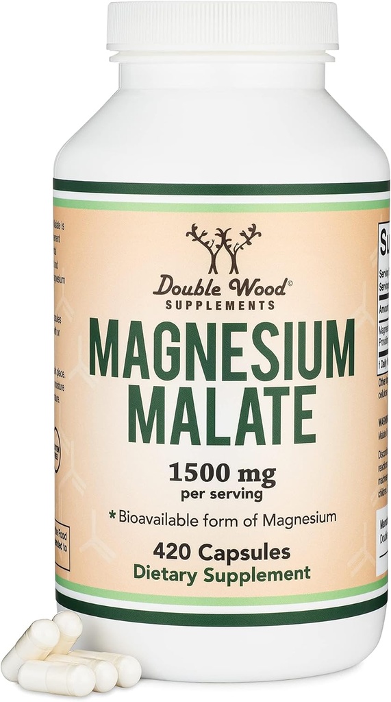 Malate hořčík Kapsle (420 Počet) - 1,500mg Per Serving (Magnesium vázaný na Malic Acid), třetí strana Testováno, Vegan Friendly, gluten zdarma Double Wood doplňky