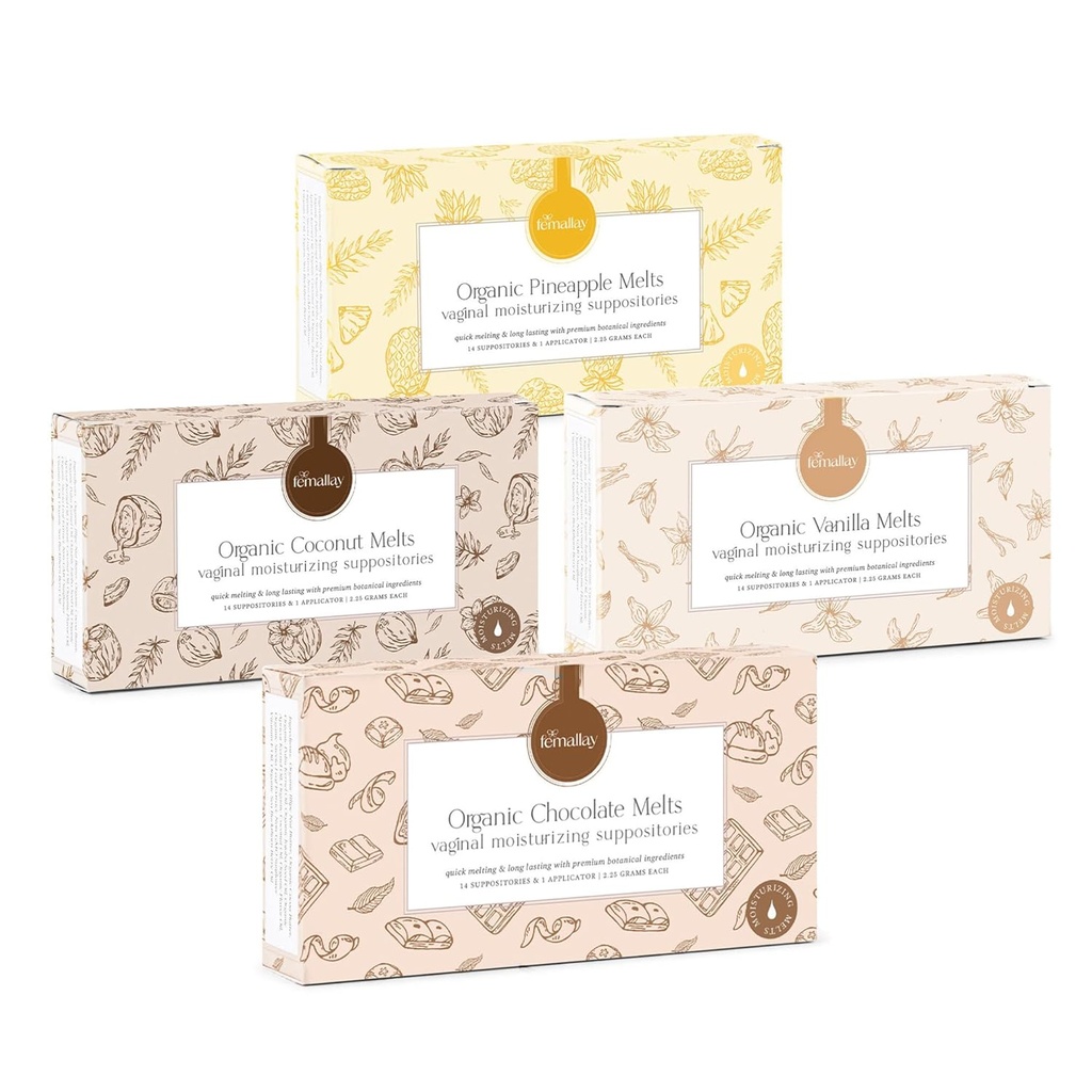 Femallay Organic Vaginal Moisturizing Suppositories - Variety 4 Pack - 100% naturlig lättnad för torrhet, lukt och daglig Feminin obehag - 14 greve + Applikator