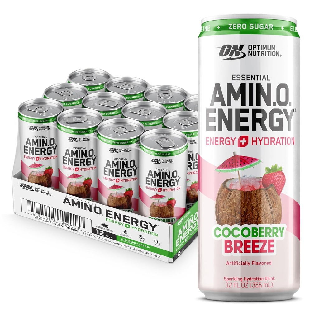 Оптимальное питание Amino Energy Sparkling Hydration Drink, Electrolytes, Caffeine, Amino Acids, BCAAs, Sugar Free, Cocoberry Breeze, 12 Fl Oz, 12 Pack (Упаковка May Vary)