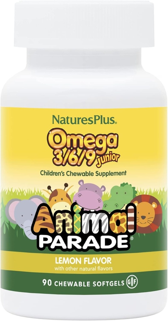 Natures Plus Animal Parade אומגה 3/6/9 ג'וניור, Lemon Flavor - 90 Softgels - מקדם את Immune, Skin, Eye & Nervous System Health - non-GMO, Gluten Free - 45 משרתים