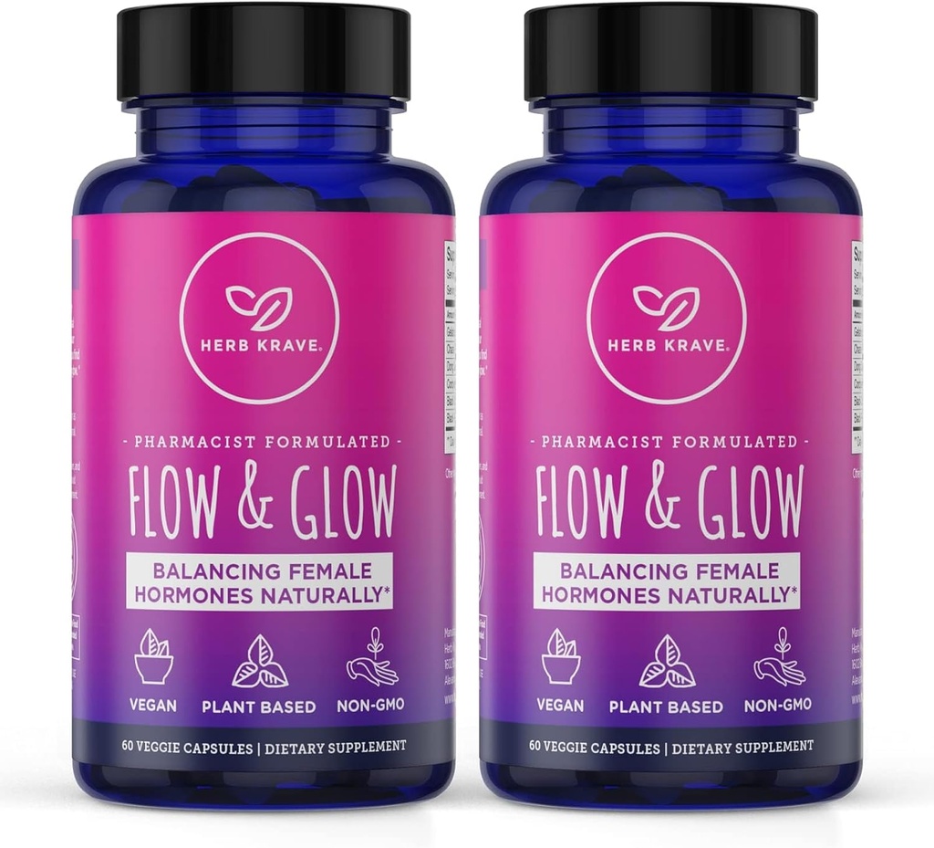 Flow and Glow Natural Hormone Balance für Frauen - PMS & Menopause Relief für Cramps, Mood Swings & Night Sweats mit Donq Quai & Black Cohosh für Menopause - 60 Vegan Capsules (2 Pack)
