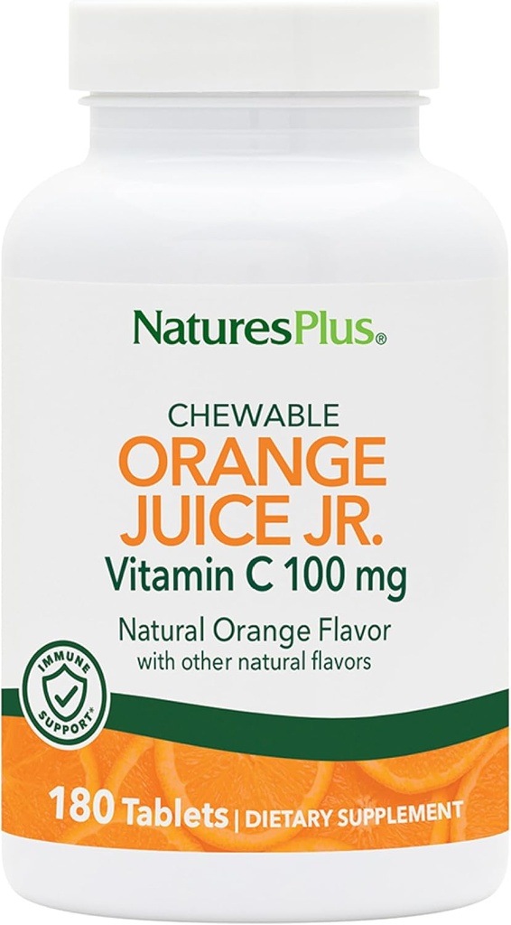 NaturesPlus Jus d'orange Jr. - 180 Comprimés à croquer - 100 mg Vitamine C - Support du système immunitaire - Douce sur l'estomac - Vegan, sans gluten - 180 portions