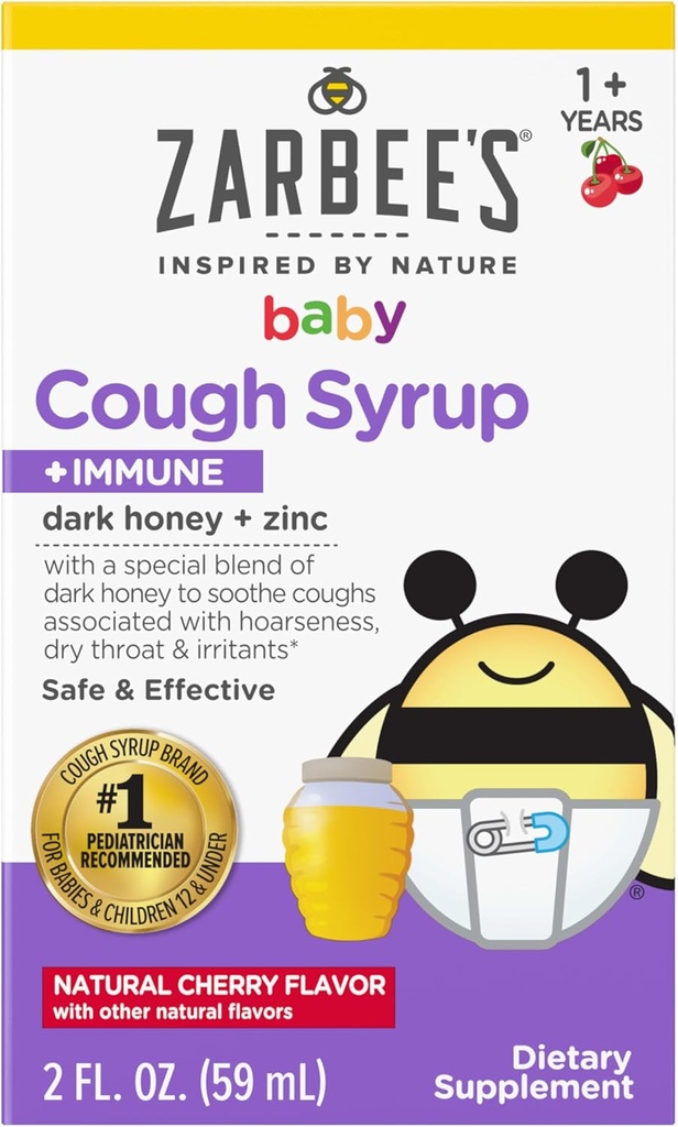 Zarbee's Baby Honey Cough Syrup + 아기 12-24 개월, 안전하고 효과적인 Cough Syrup Immune Support*, Drug & Alcohol-Free, Cherry, 2 fl. oz