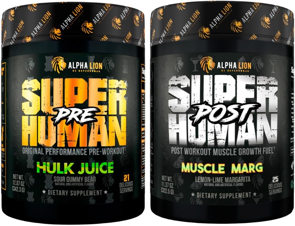 ALPHA LION Superhuman Pre Workout Powder & Post Workout Recovery Bundle, Trwała energia & Focus + Lean Muscle Growth, Siła i objętość (Hulk Juice & Muscle Marg