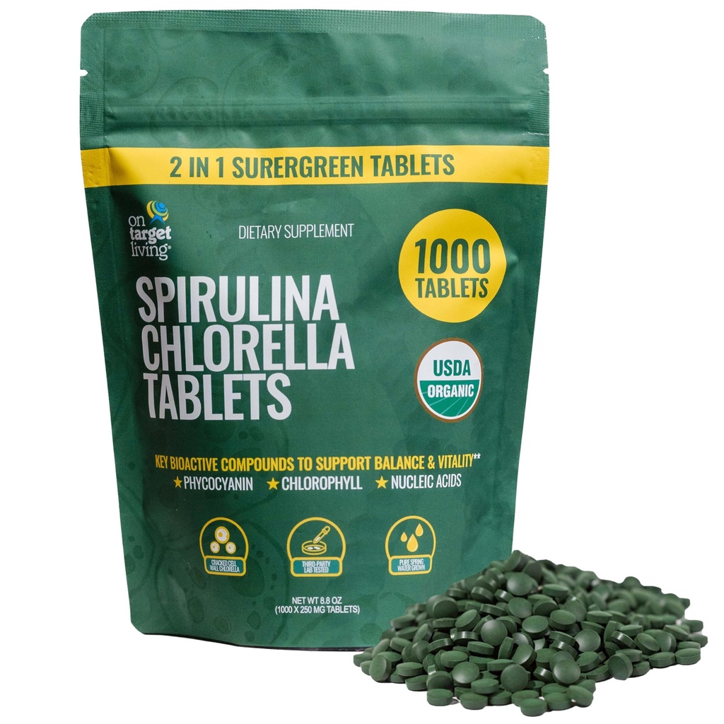 On Target Living Organic Spirulina Chlorella | Supergreens | USDA Organic | 1000 Tablets - 250 G (8.8 oz) | Vegan | Immune Support | Alkalyzing | Nutrient Dense | Protein Dense