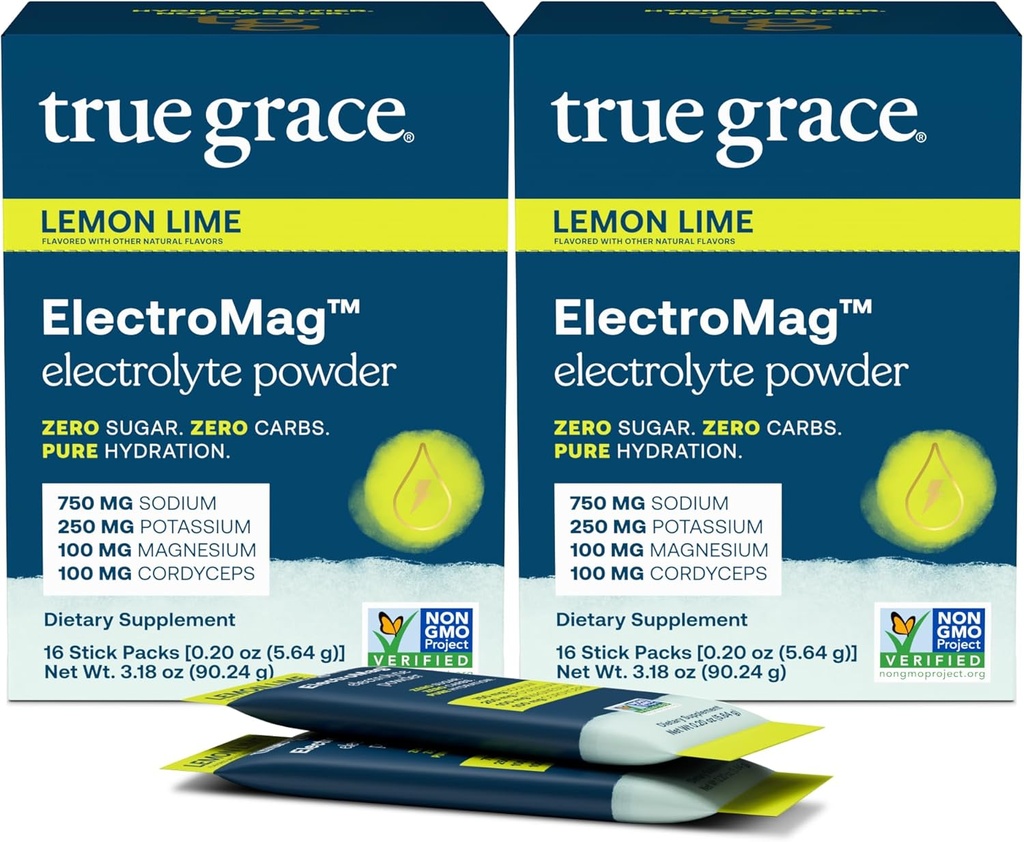 True Grace ElectroMag - 16 Stick Packs (Pack von 2) - Lemon Lime - Elektrolyt-Pulver für schnelle Hydration - Natrium, Kalium, Magnesium & Cordyceps - Zero Sugar & Carbs - Non-GMO - 32 Total Servings