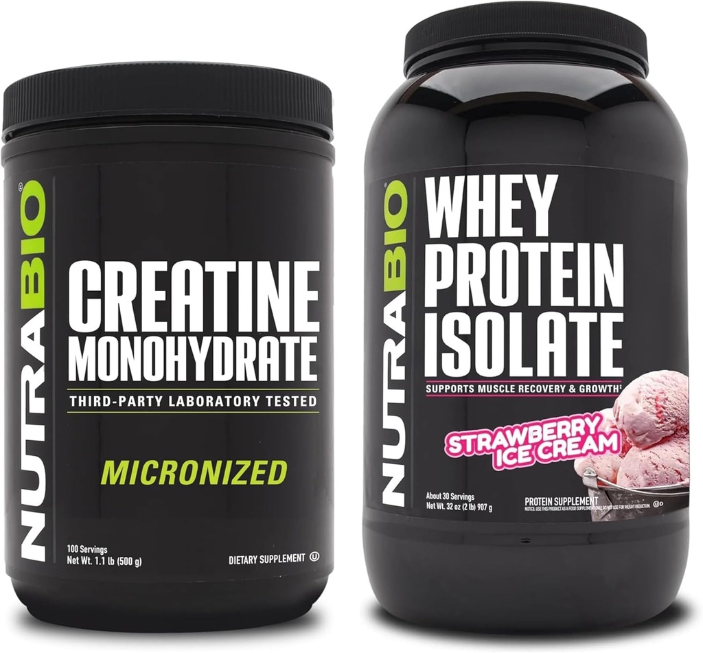 NutraBio Creatina Monohidrat, Nearomate, 500g și Whey Proteine Izolat, Căpșuni înghețată, Supliment Bundle - Energie musculară, Lean musculare creștere, recuperare, și puterea