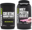 NutraBio Creatine Monohydrate, Unfeatored, 500g dan Whey Protein Isolate, Strawberry Ice Cream, Supplemen Bundle - Muscle Energy, Lean Muscle Growth, Recovery, and Power