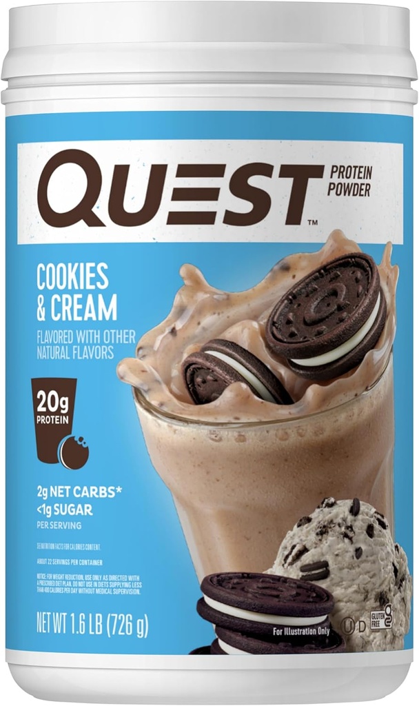 Quest Nutrition Cookies & Cream Protein Powder, 20g Protein, 1g Sugar, Low Carb, Gluten Free, 1.6 libra, 24 zerbitzari