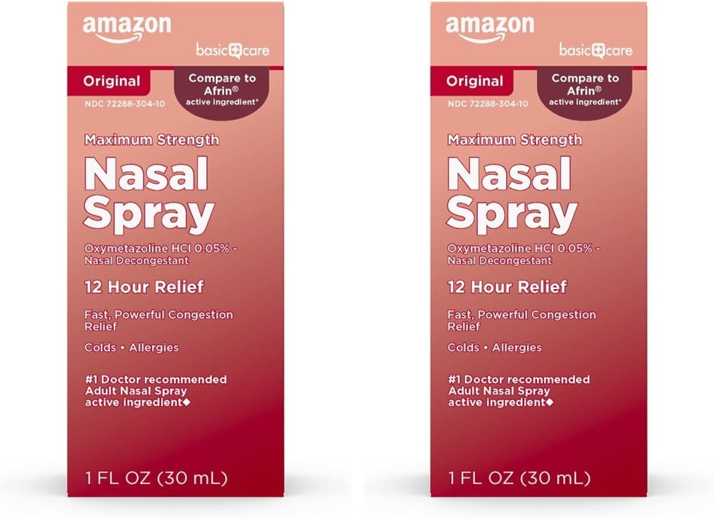 Basic Care maksimal styrke 12 timer Nasal Spray, Oxymetazoline HCl løsning, kongessjonsrelief, kald og allergi medisin, Decongestant, 1 Fl Oz (pakke med 2)