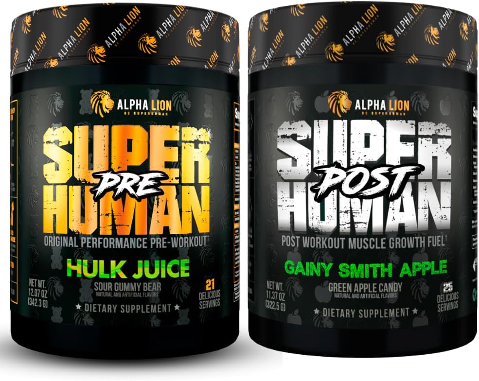 ALPHA LION Superhuman Pre Workout Powder & Post Workout Recovery Bundle, Setrvalá energie & Focus + Lean Muscle Growth, Síla & Volume (Hulk Juice & Gainy Smith Apple)