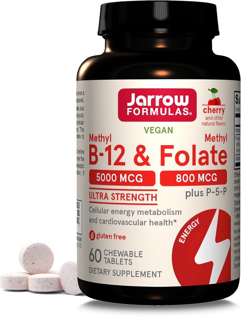 Jarrow Formule Metil B-12 & Metil Folat - 60 Žvečljive tablete, Cherry - Bioaktivni vitamin B12 & B9 - Podpira proizvodnjo energije, delovanje možganov in presnovo - Gluten Free - 60 Serving