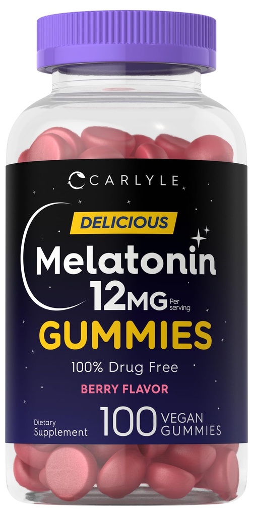 Carlyle Melatonin Gummies 12mg | 100 Count | Berry Flavor | Vegan Supplement | Non-GMO, Gluten Free