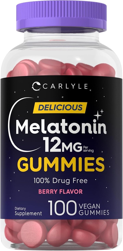 Carlyle Melatonin Gummis 12mg | 100 Count | Berry Flavor | Vegan Supplement | Non-GMO, Glutenfrei