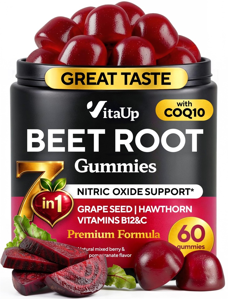 VitaUp Beet Root Gummies – Beetroot Gummies with CoQ10, Grape Seed, Vitamin C, B12 & B3 – Nitric Oxide Gummies for Circulation Support – Beet Supplement for Energy & Immune Support – 60 Beets Chews