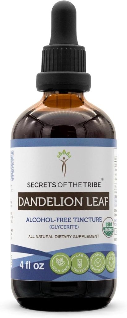 Tajemství Tribe Dandelion Leaf USDA Organic Tincture Alcohol- Free Liquid Extract, Dandelion (Taraxacum Officinale) Sušený list (4 FL OZ)