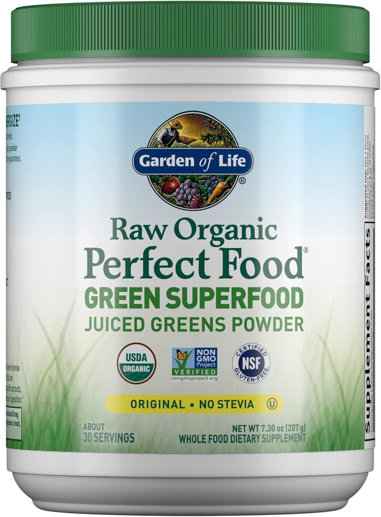 Jardim da vida Raw Organic Perfect Food Green Superfood Juiced Greens Powder - Original Stevia-Free, 30 Servings, Não-GMO, Gluten Free Whole Food Dietary Supplement, Alkalize, Detoxify, Energize