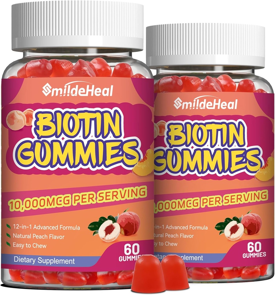 2 Pack Biotin Gummies para o crecemento do cabelo 10000 mcg, Cabelo e Nails Gummy con ácido fólico, Vitaminas A, B, C, E & D, Vitaminas de biotina vegana para mulleres e homes, 120 Gummies