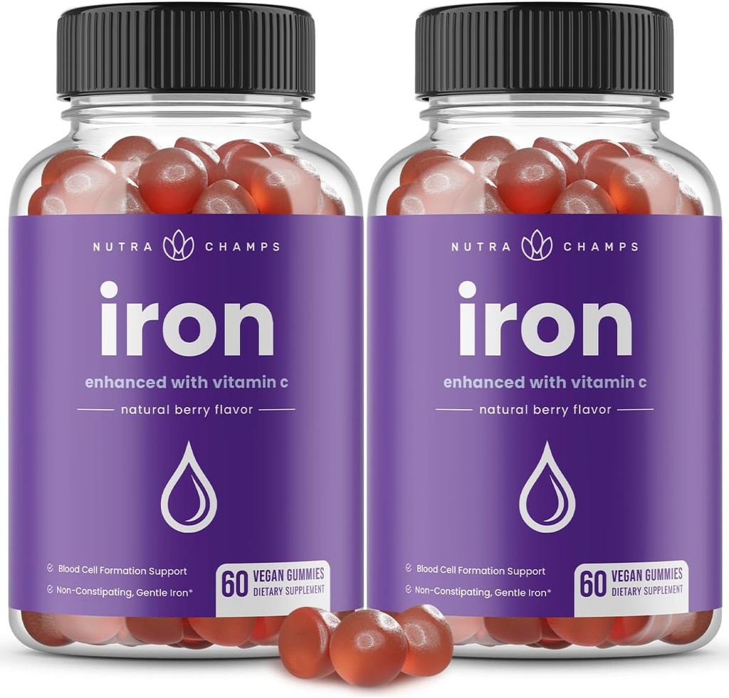 NutraChamps Iron Gummies עם ויטמין C, 20 מ"ג Oracle Blood Cell Formation Support, 120 חניכיים למניעת ברזל ואנמיה, אנרגיה, מיקוד, Immune Boost Pack של 2