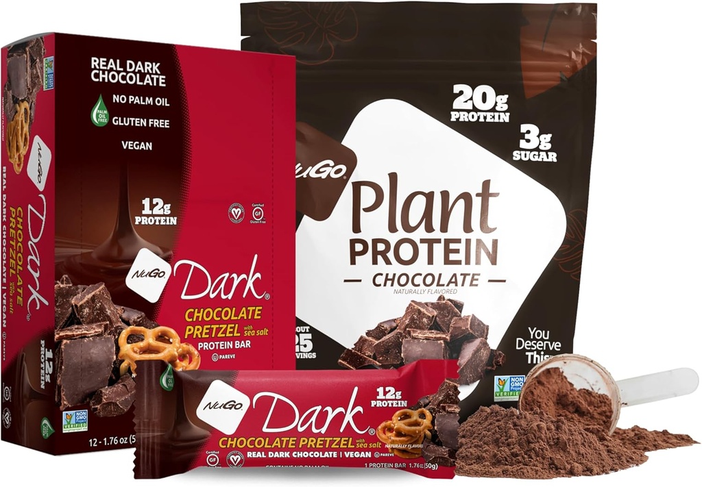 NuGo Dark Chocolate Pretzel w/SS, 12g Vegan Protein, Gluten Free, Kosher Pareve, Non-GMO, 12 Count and NuGo Plant Protein Powder, 초콜릿, 20g Protein, 3g Sugar, 25 서빙