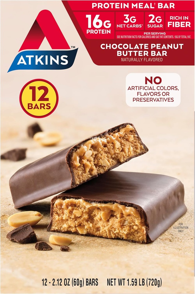 Atkins Chocolate Peanut Butter Protein Bar, High Fiber, 16g Protein, Low Cukurs, 3g Net Carb, Low Carb, Keto Friendly, 12 Skaits