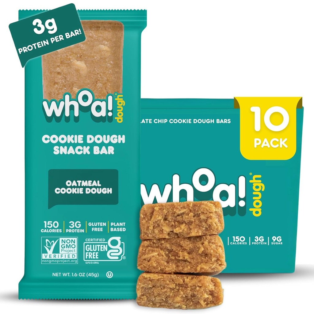 Whoa Dough Edible Cookie Dough Bar-- Sertifikasi Non- GMO, Kosher dan Gluten Free Bars - Sehat Snack Foods - Tanaman Based Snack Made With Real Ingredices - Oatmeal Cookie Dough - 10 Pack