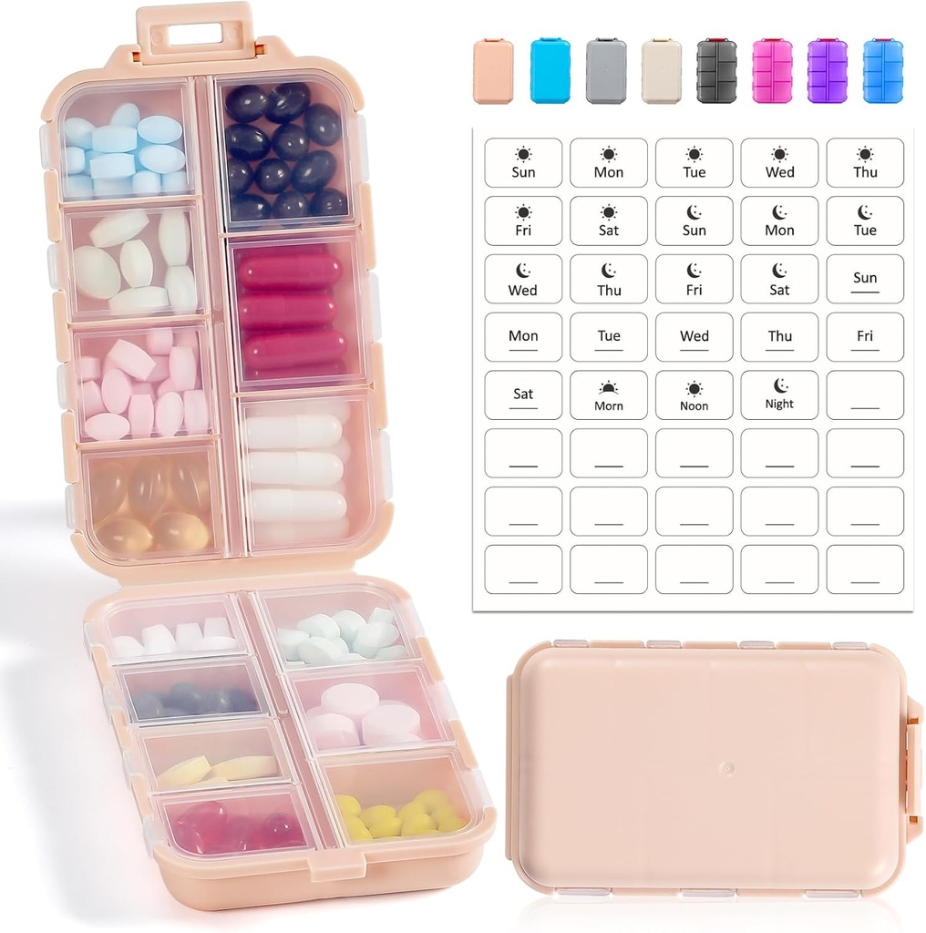 14 GRIDS Travel Pill Organizer Box mit Etiketten - Travel Medicine Case Kit - Pocket Daily Pharmacy Container - Travel Medication Holder Dispenser für Fish Oil Vitamin Supplement Storage - Pink
