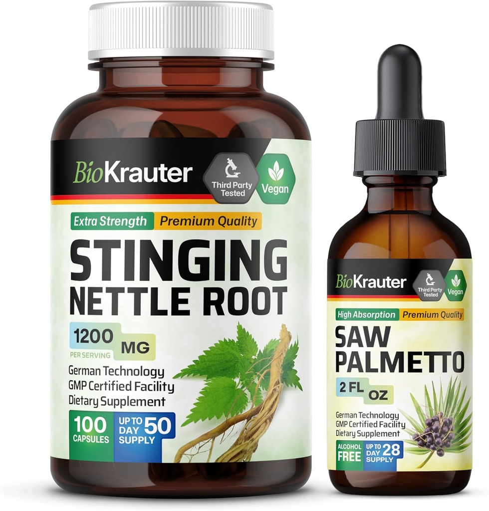 BIO KRAUTER Sting Nettle 100 כמוסות & Saw Palmetto Tincture 2 Fl. Oz.