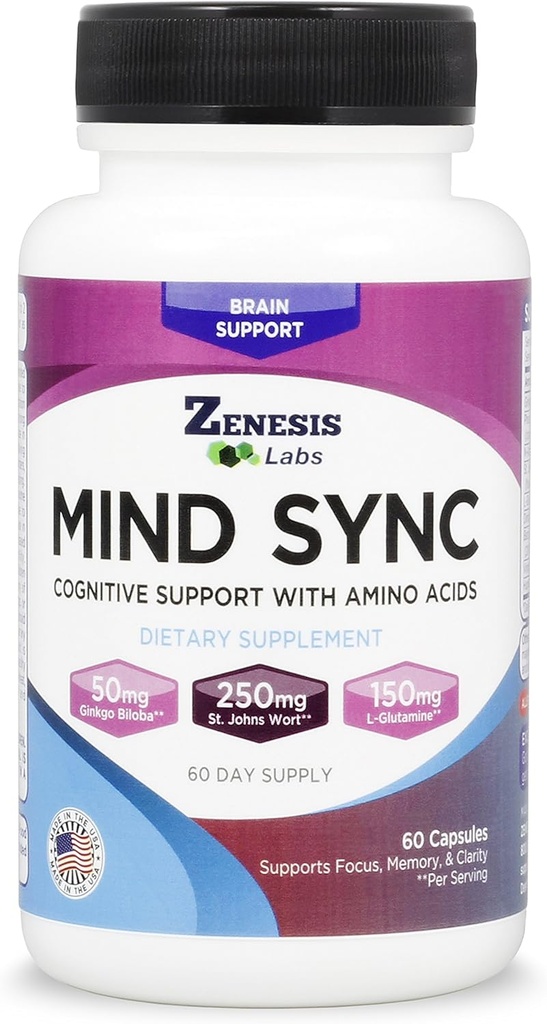 Zenesis Labs Mind SYNC - 60 cápsulas con Ginkgo Biloba, St John's Wart & L-Glutamine - Por favor Ler comentarios