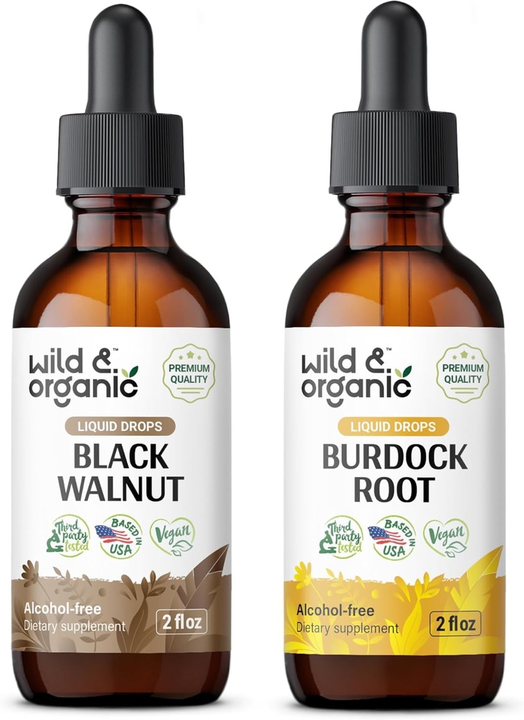 Tintura de nogueira preta selvagem e orgânica 2 fl oz & Burdock Root Tintura 2 fl oz
