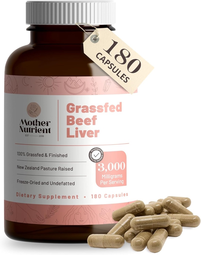 Mor Nutrient Grass Fed Beef Liver Capsules kommer fra Pasture-Raised Beef i New Zealand - vitaminer A og B12 w/Iron, Protein og mer - 45-dagers Supply-180 Kapsler