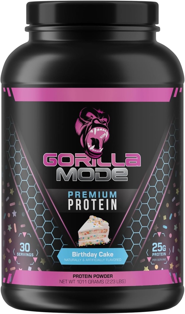 Gorilla Mente Premium Whey Protein - Bolo de aniversário, 25 gramas de Whey Protein Isolate & Concentrate, recuperar e construir músculo (30 Servings)