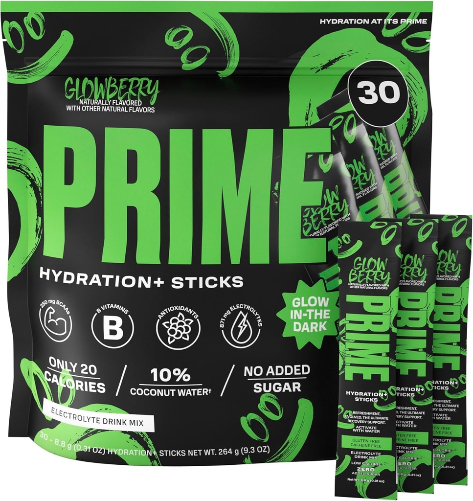PRIME HYDRATION+ Sticks GLOWBERRY | Polvere d'idratazione Bastoncini di singola dose | Polvere di elettrolita sul Go | Basso zucchero | senza caffeina | Vegan | 30 Sticks