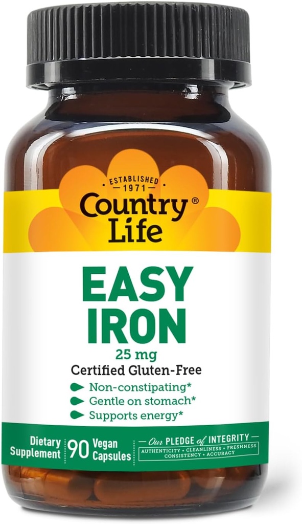 Country Life Easy Iron 25mg Capsules - Gentle Non-Constipating Ferrochel - Qadınlar və Kişilər üçün Vegan Vitamin Supplement - Support Body Energy
