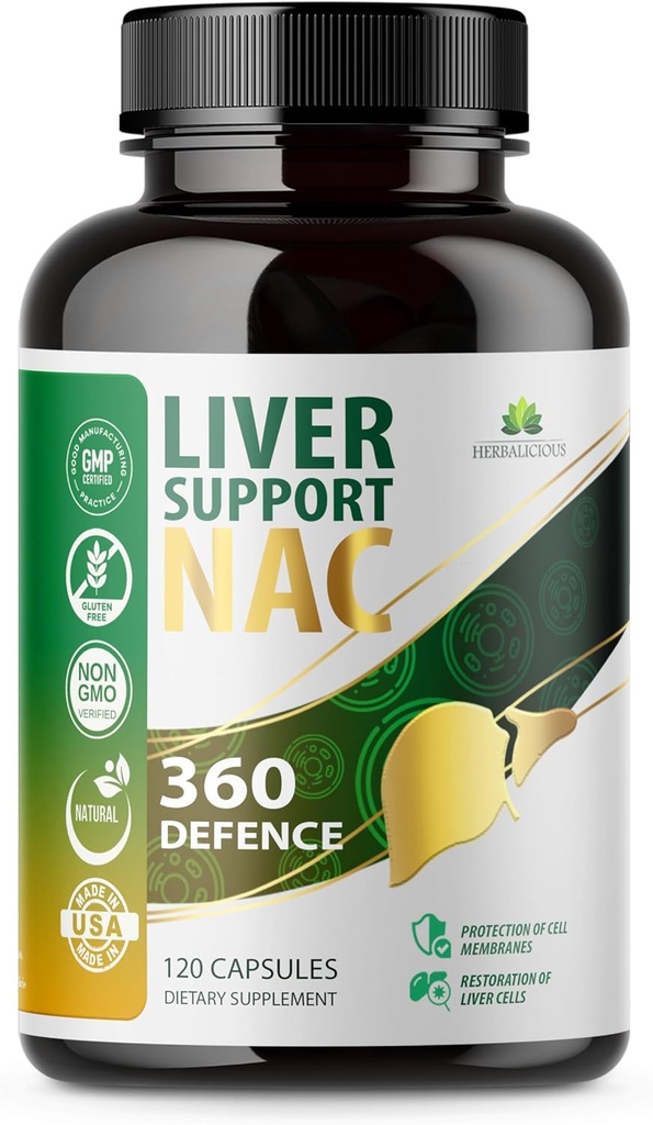 Wsparcie dla wątroby NAC 360 Kapsułki obronne - Detox wątroby z NAC, Ostrze mleka, Korzeń Dandelion, Turmeric, Cholina, Cynk i Chanca Piedra - Promotes Liver Health and Cellular Protection - 120 Kapsułki