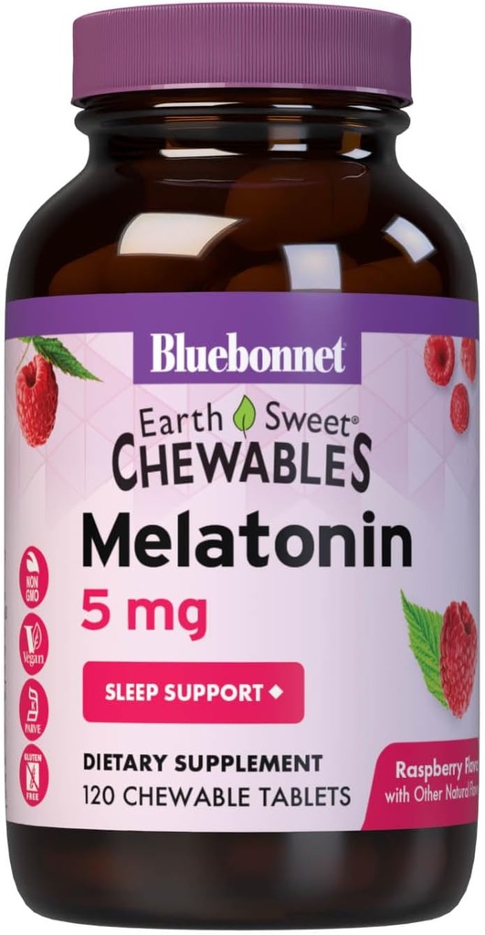 Bluebonnet 영양 EarthSweet Melatonin 5 mg 빠른 조정 빠른 용해 야간 휴식 및 휴식 수면 지원 - 수면 보조 - 글루텐 무료, Vegan - 라즈베리 맛 - 120 Chewable 정제