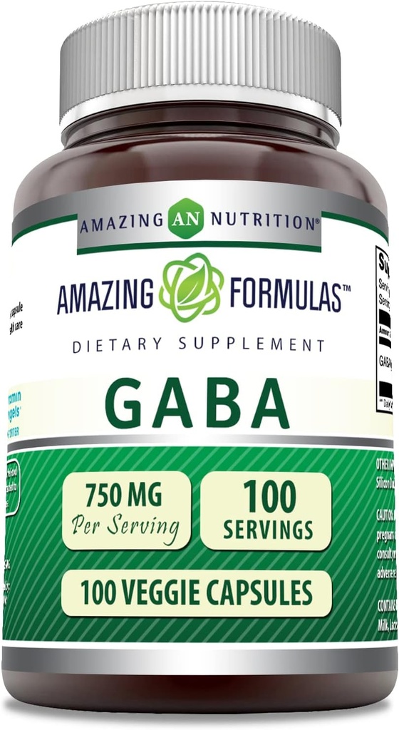 Amazing Formulas GABA 보충 | 750 Mg per 서빙 | 100 Veggie Capsules | Non-GMO | Gluten-Free | Made in USA | 채식주의 이상
