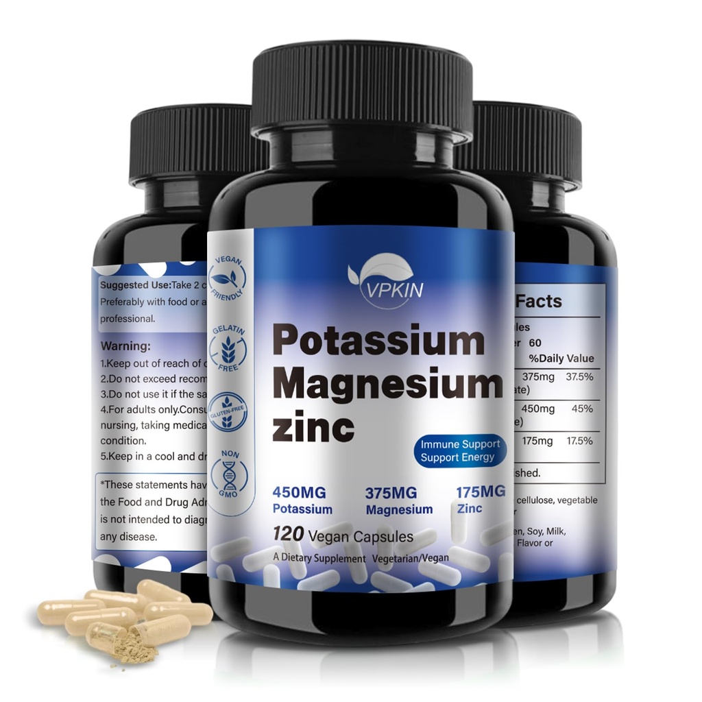 Potassium Magnesium Supplement 1000mg, Magnesium Potassium Zinc Aspartate Support Vascular, Bone, Heart, Muscle & Nerve Health, Non-GMO, Vegan, (120 Capsules)