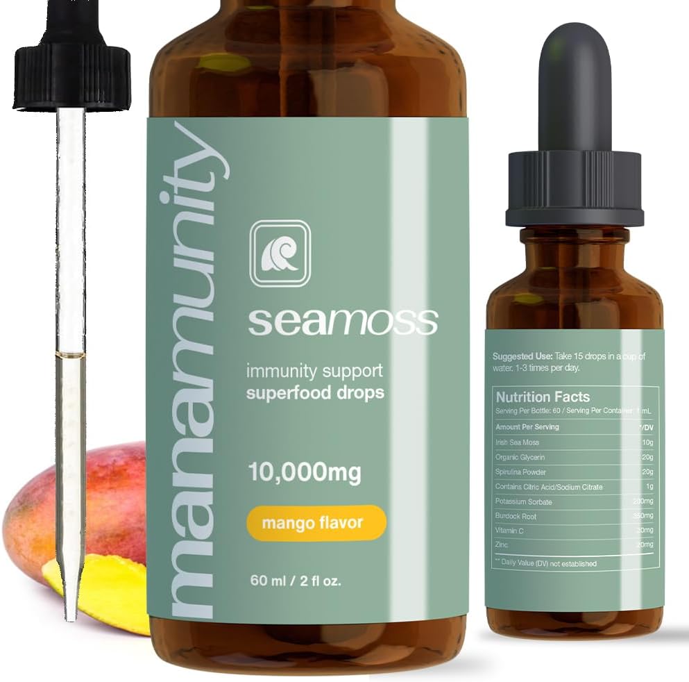 Sea Moss Liquid Drops 10 000 mg Organic Irish Sea Moss Gel with 350 mg Burdock Root Appliment & 20 000 mg Spirulina Имунна поддръжка, Joint & Fhydral Support - Vegen (Mango)