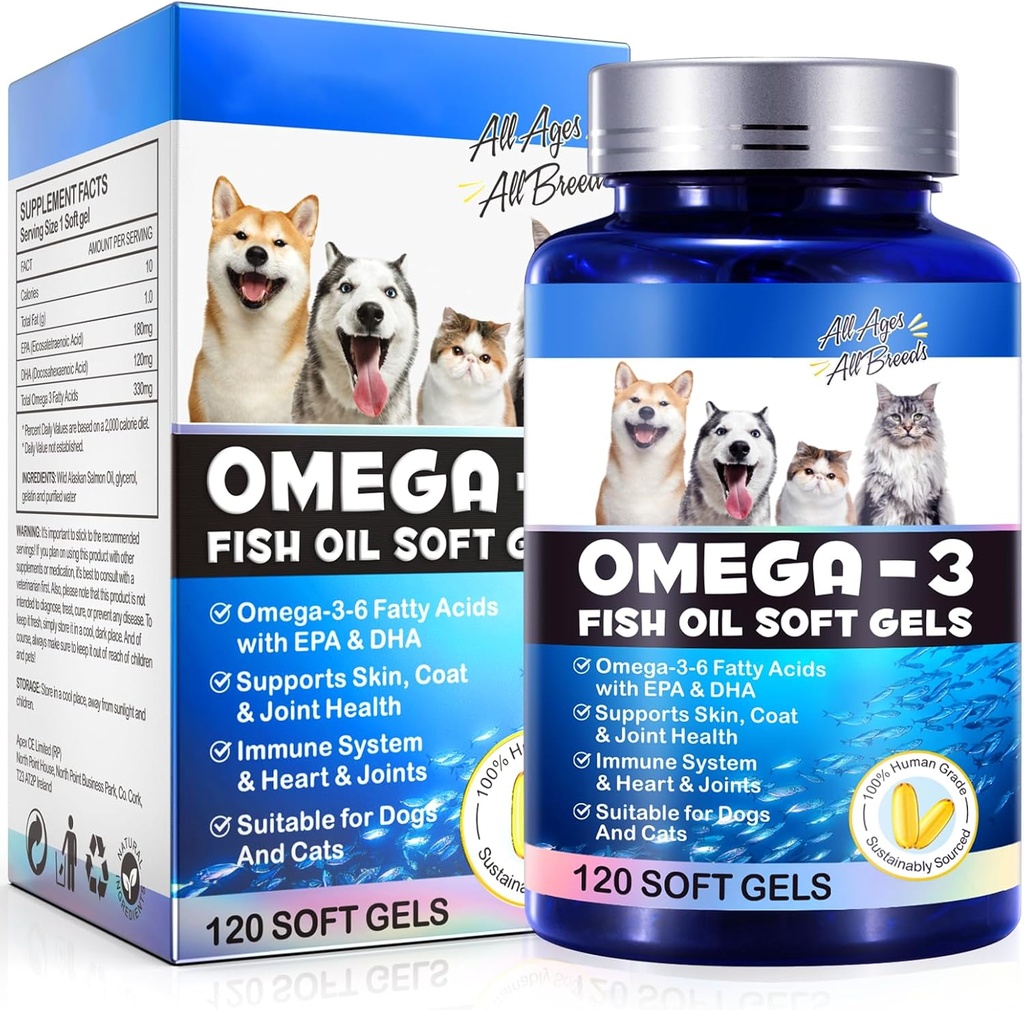 Omega-3 ribje olje za pse, Omega 3 ribje olje z EPA & DHA podpira pse Sezonske alergije Relief, krepi imunske funkcije, Srbečica Kožna Relief & spodbujanje zdravja plašč, hišnih dodatkov - 120 Soft Gels