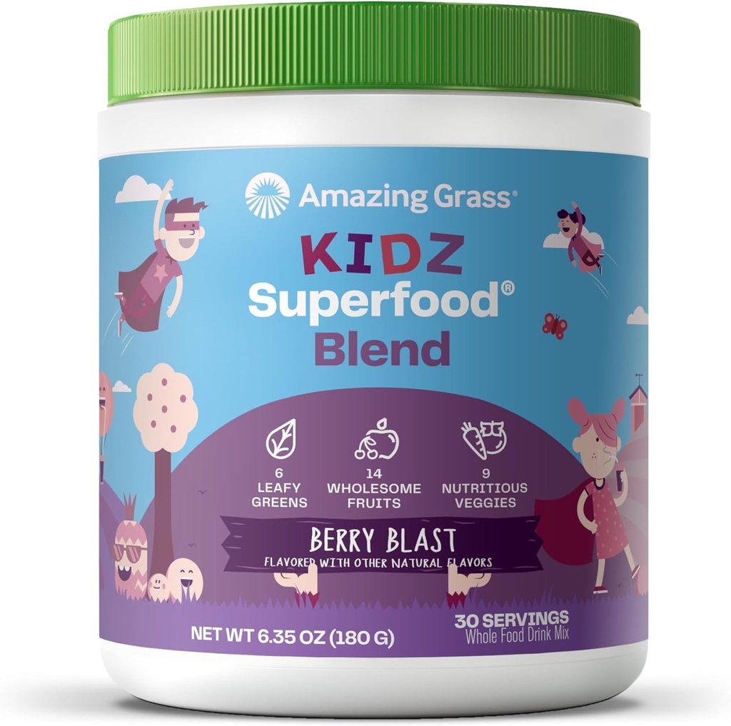 Amazing Grass Kidz Superfood: Økologisk Grønne, Frugter, Veggies, Beet Root Powder & Probiotika til sunde børn, Berry Blast, 30 Servering