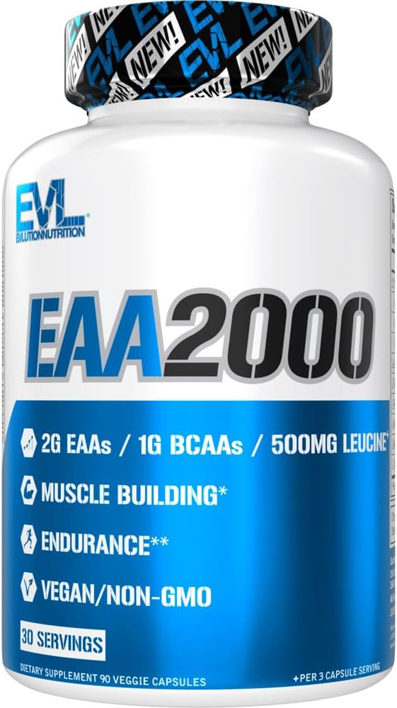 Evlution Nutrition EAA2000 - Pre & Post Workout Capsules - Muscle Building + Recovery Supplement - 2g Essential Amino Acids + 1g BCAAs - Endurance + Energy Support - 30 Portionen