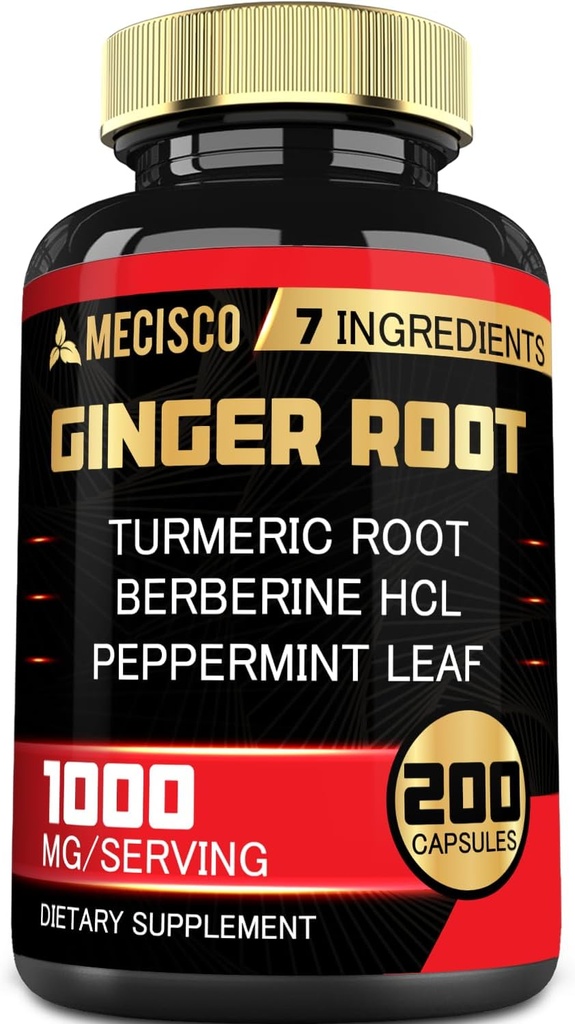7in-1 Ginger Root Supplement with Turmeric Curcumin, Berberine, Peppermint Leaf, Astragalus Root, Ceylon Cinnamon, Beet Root - 200 Capsules